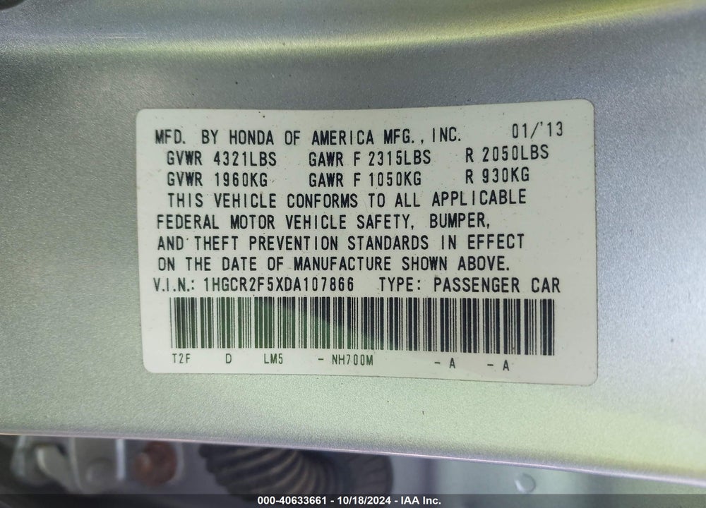 2013 HONDA ACCORD SPORT VIN: 1HGCR2F5XDA107866
