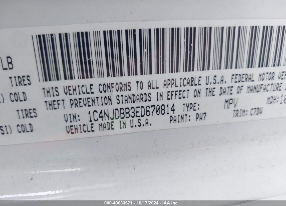 2014 JEEP COMPASS SPORT VIN: 1C4NJDBB3ED670814