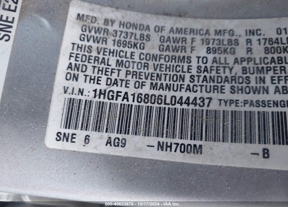 2006 HONDA CIVIC EX VIN: 1HGFA16806L044437