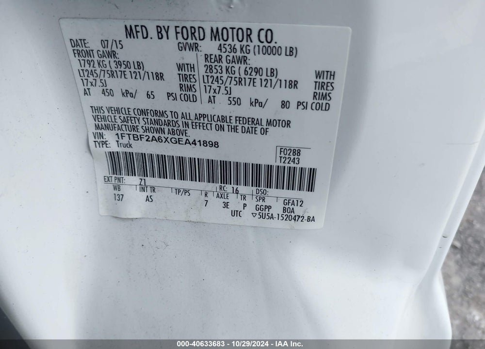 2016 FORD F-250 XL VIN: 1FTBF2A6XGEA41898