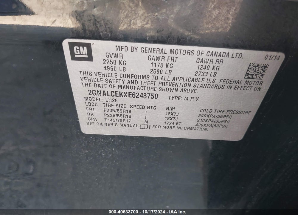 2014 CHEVROLET EQUINOX 2LT VIN: 2GNALCEKXE6243750