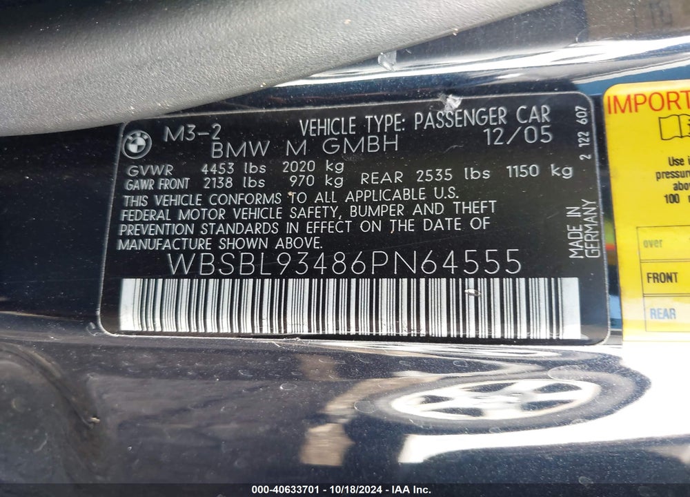 2006 BMW M3 VIN: WBSBL93486PN64555