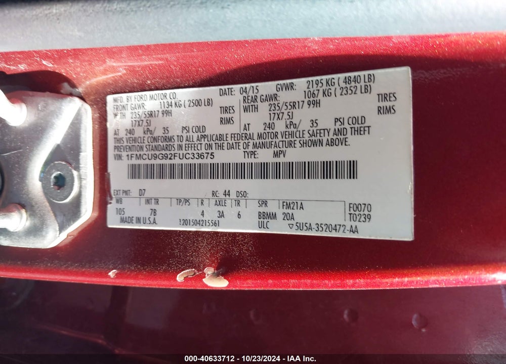 2015 FORD ESCAPE SE VIN: 1FMCU9G92FUC33675