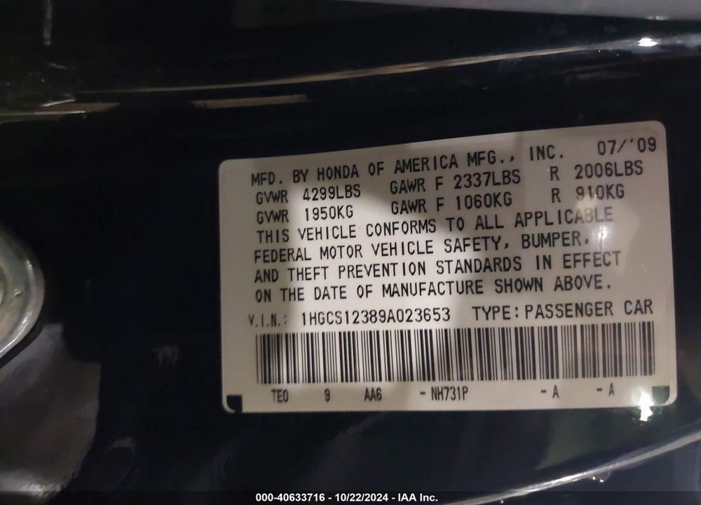 2009 HONDA ACCORD 2.4 LX-S VIN: 1HGCS12389A023653