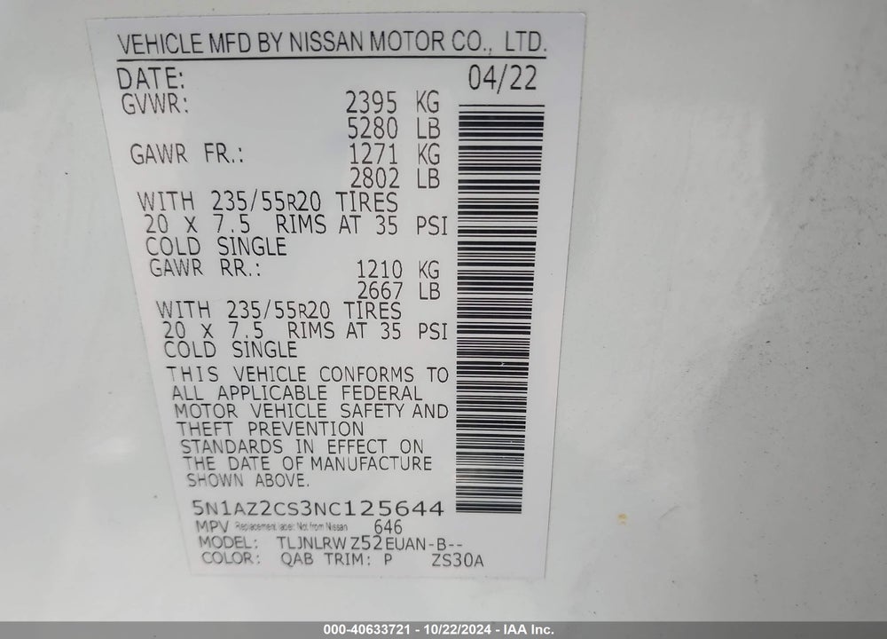 2022 NISSAN MURANO SL INTELLIGENT AWD VIN: 5N1AZ2CS3NC125644