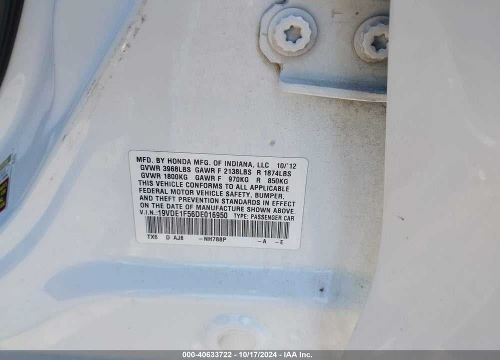 2013 ACURA ILX 2.0L VIN: 19VDE1F56DE016950