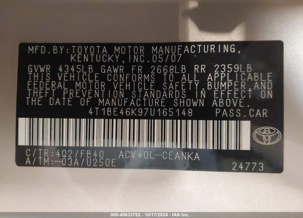 2007 TOYOTA CAMRY LE VIN: 4T1BE46K97U165148