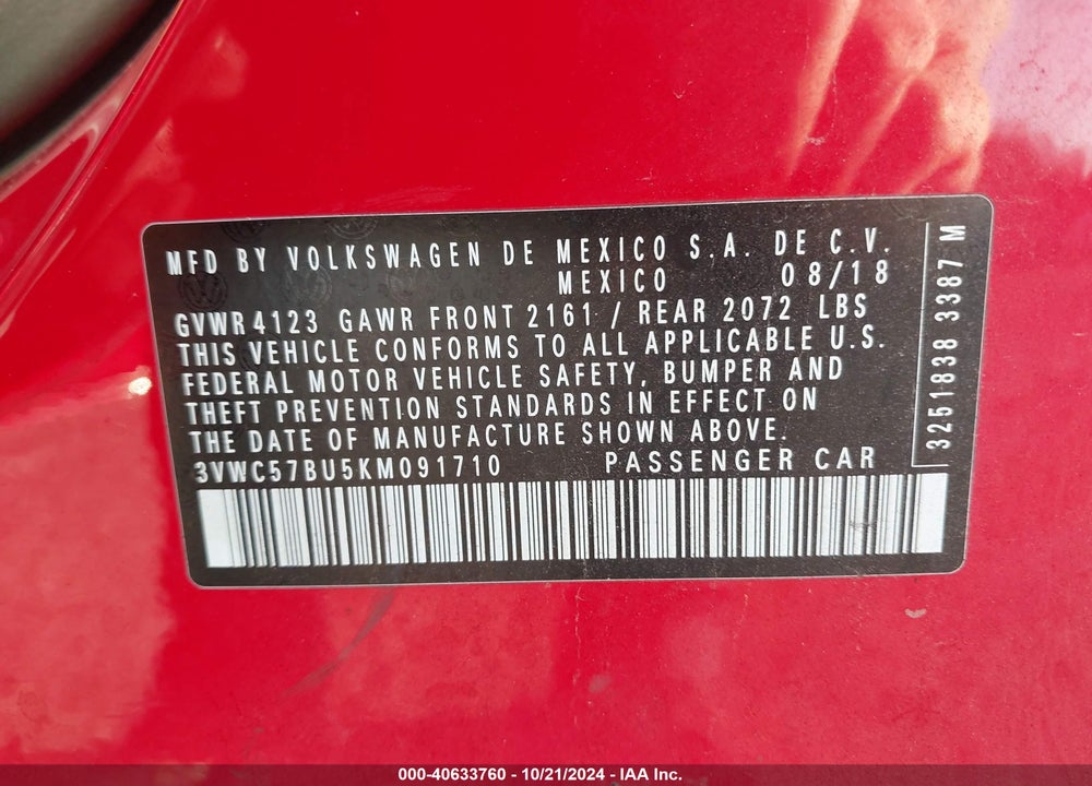 2019 VOLKSWAGEN JETTA 1.4T R-LINE/1.4T S/1.4T SE VIN: 3VWC57BU5KM091710
