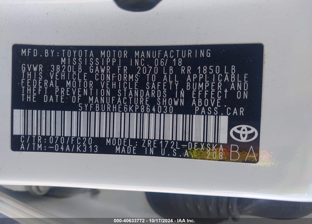 2019 TOYOTA COROLLA L/LE/XLE/SE/XSE VIN: 5YFBURHE6KP864030