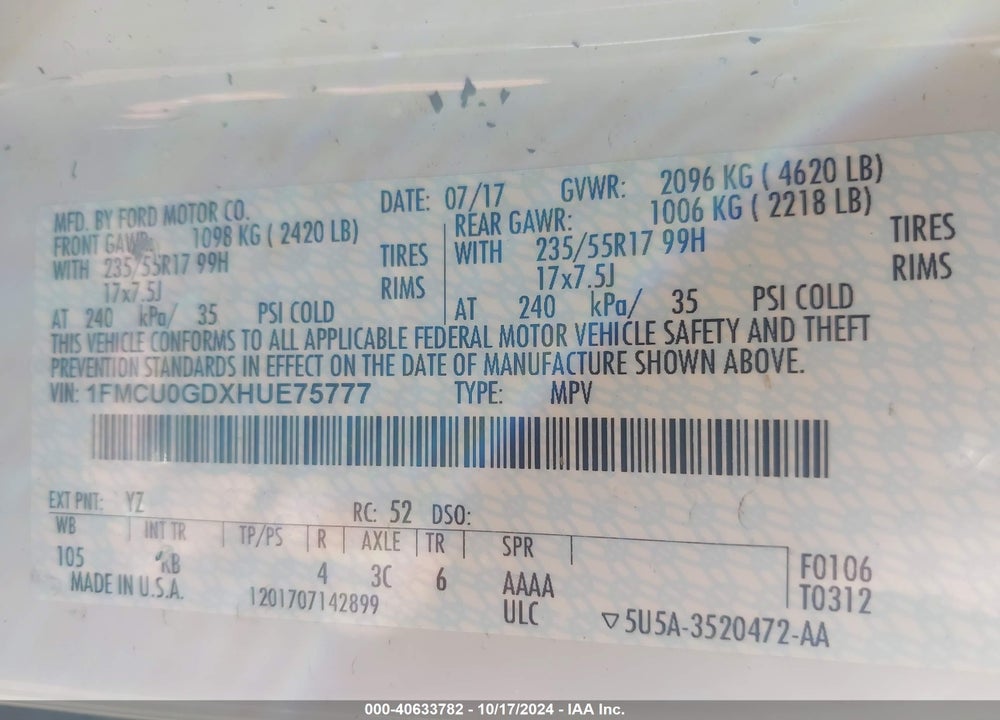 2017 FORD ESCAPE SE VIN: 1FMCU0GDXHUE75777