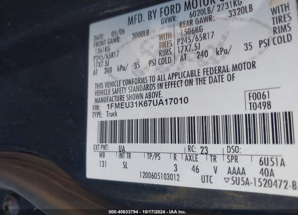 2007 FORD EXPLORER SPORT TRAC XLT VIN: 1FMEU31K67UA17010