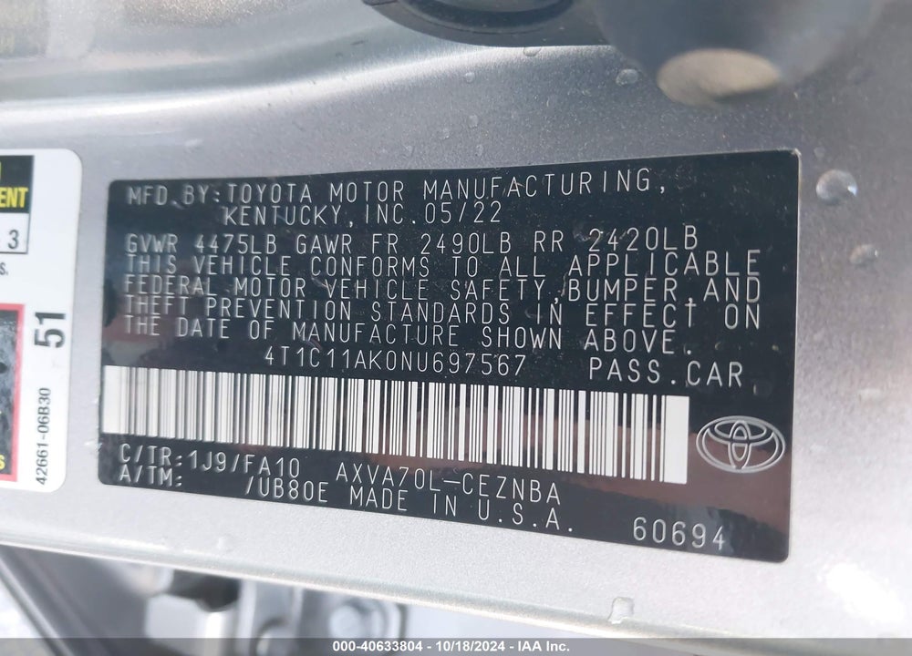2022 TOYOTA CAMRY LE VIN: 4T1C11AK0NU697567