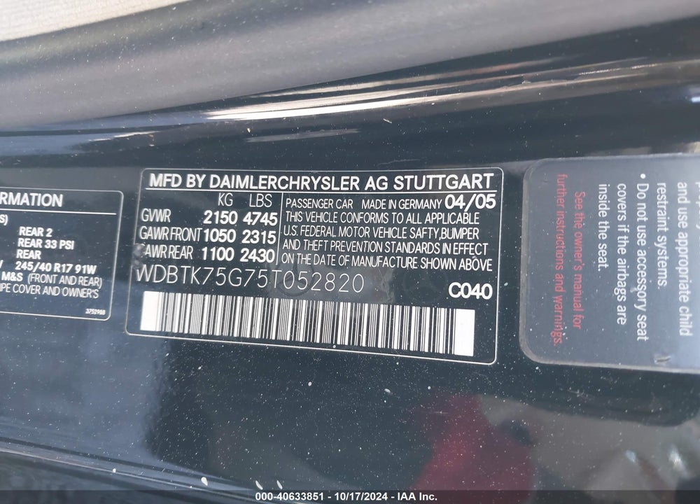 2005 MERCEDES-BENZ CLK 500 VIN: WDBTK75G75T052820