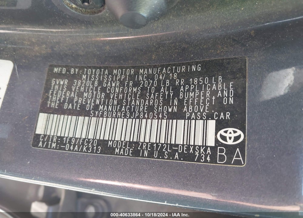 2018 TOYOTA COROLLA SE VIN: 5YFBURHE9JP840545