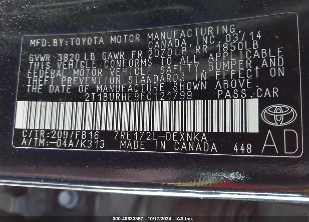 2014 TOYOTA COROLLA LE VIN: 2T1BURHE9EC121799