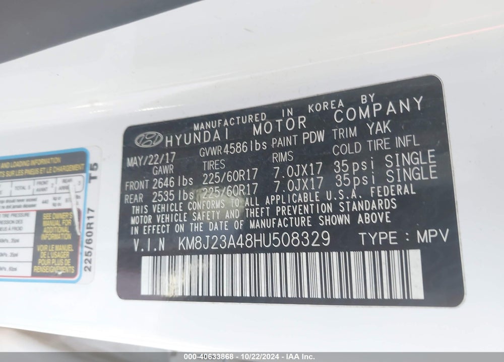 2017 HYUNDAI TUCSON SE VIN: KM8J23A48HU508329