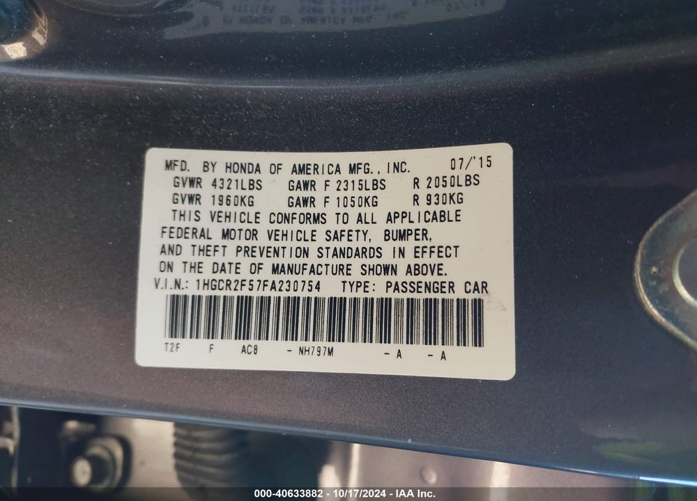 2015 HONDA ACCORD SPORT VIN: 1HGCR2F57FA230754