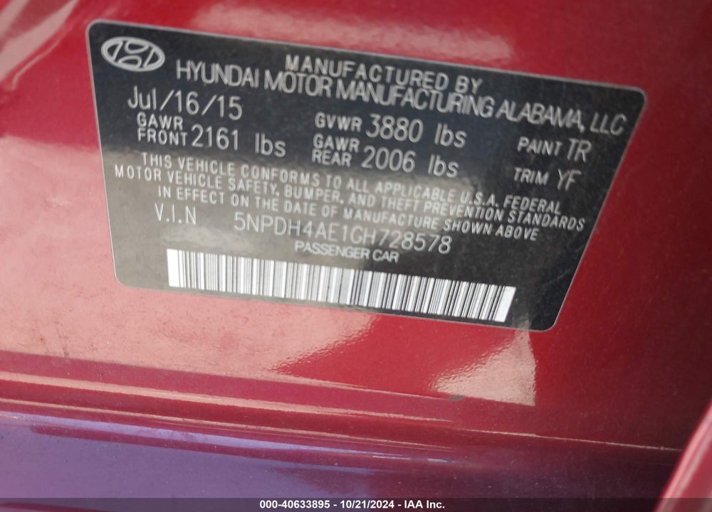 2016 HYUNDAI ELANTRA SE VIN: 5NPDH4AE1GH728578
