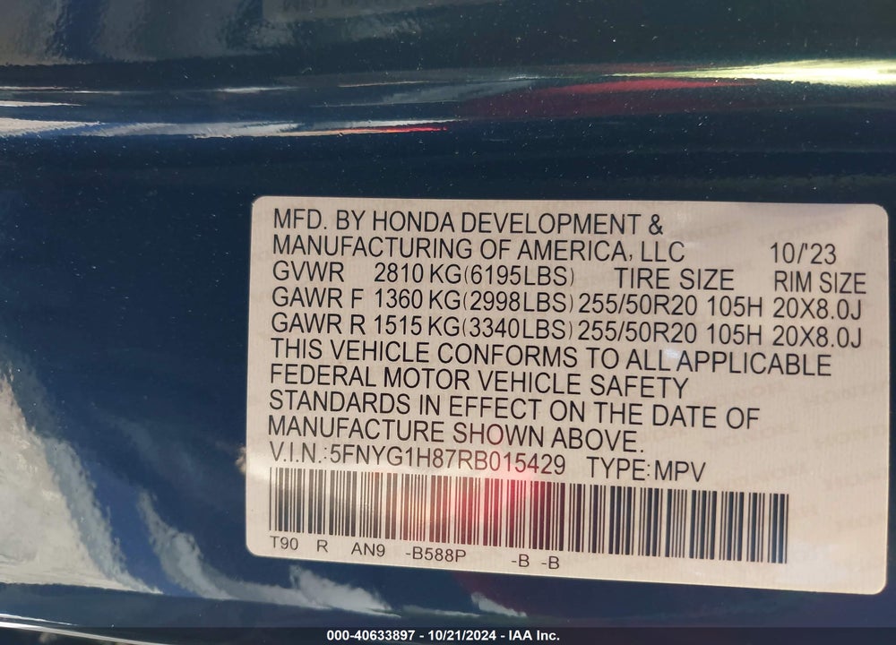 2024 HONDA PILOT ELITE VIN: 5FNYG1H87RB015429