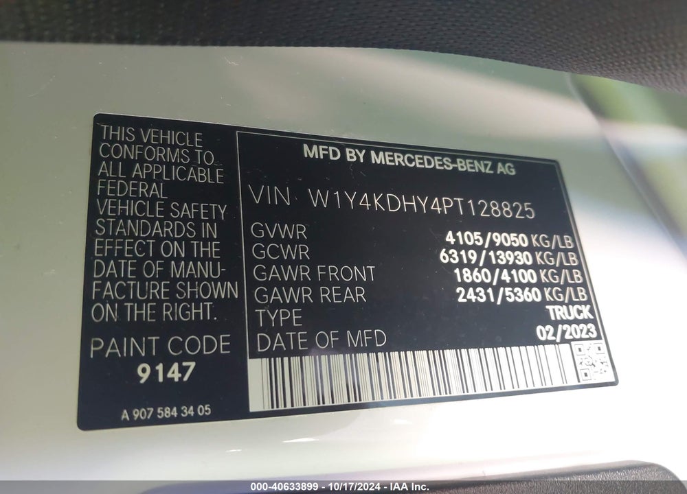 2023 MERCEDES-BENZ SPRINTER 2500 HIGH ROOF 4-CYL DIESEL VIN: W1Y4KDHY4PT128825