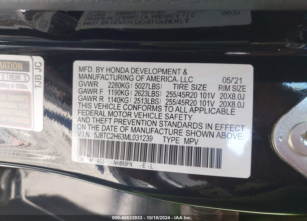 2021 ACURA RDX A-SPEC PACKAGE VIN: 5J8TC2H63ML031239