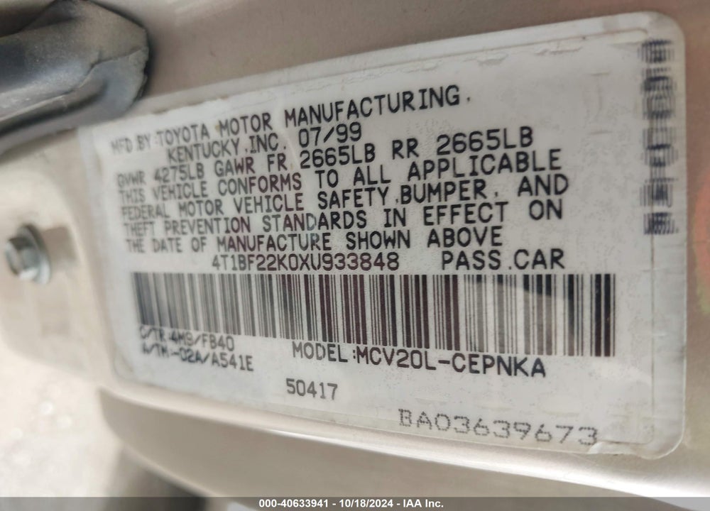 1999 TOYOTA CAMRY LE V6 VIN: 4T1BF22K0XU933848