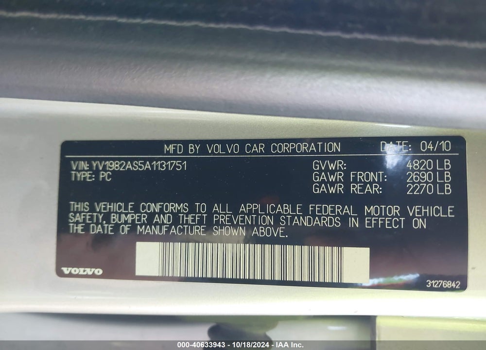 2010 VOLVO S80 3.2 VIN: YV1982AS5A1131751