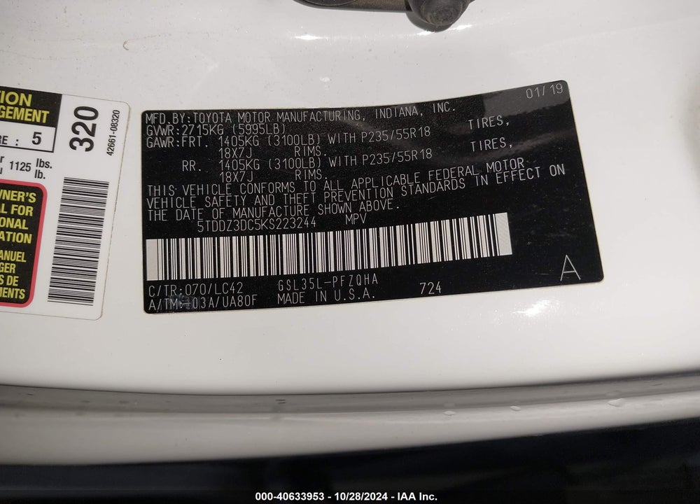2019 TOYOTA SIENNA XLE PREMIUM 7 PASSENGER VIN: 5TDDZ3DC5KS223244