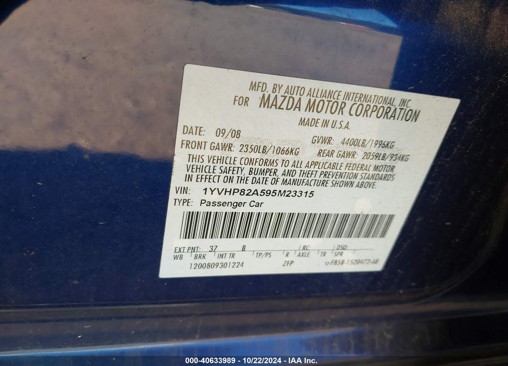 2009 MAZDA 6 I TOURING VIN: 1YVHP82A595M23315