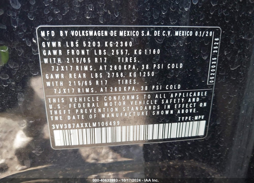 2020 VOLKSWAGEN TIGUAN 2.0T SE/2.0T SE R-LINE BLACK/2.0T SEL VIN: 3VV3B7AXXLM106499
