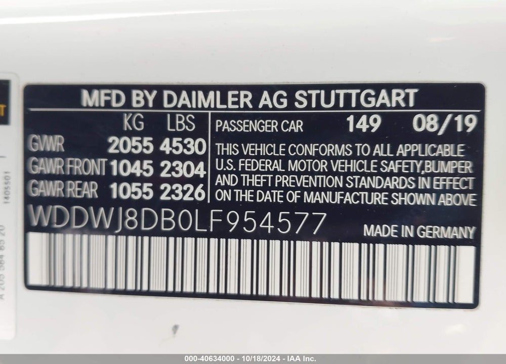 2020 MERCEDES-BENZ C 300 VIN: WDDWJ8DB0LF954577