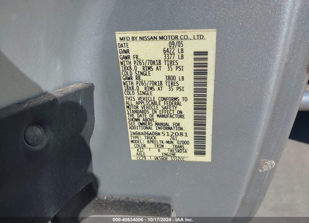 2006 NISSAN TITAN SE VIN: 1N6BA06A06N512081