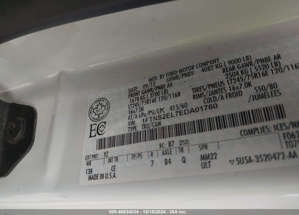 2014 FORD E-250 COMMERCIAL VIN: 1FTNS2EL7EDA01760