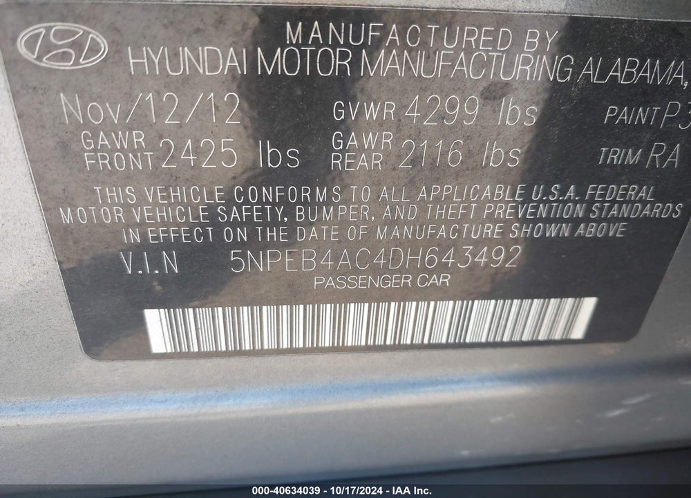 2013 HYUNDAI SONATA GLS VIN: 5NPEB4AC4DH643492