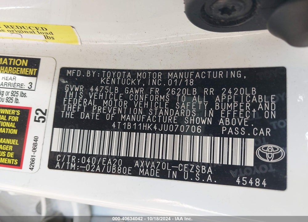 2018 TOYOTA CAMRY SE VIN: 4T1B11HK4JU070706