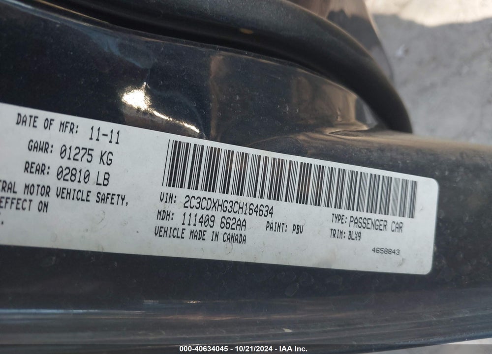 2012 DODGE CHARGER SXT VIN: 2C3CDXHG3CH164634