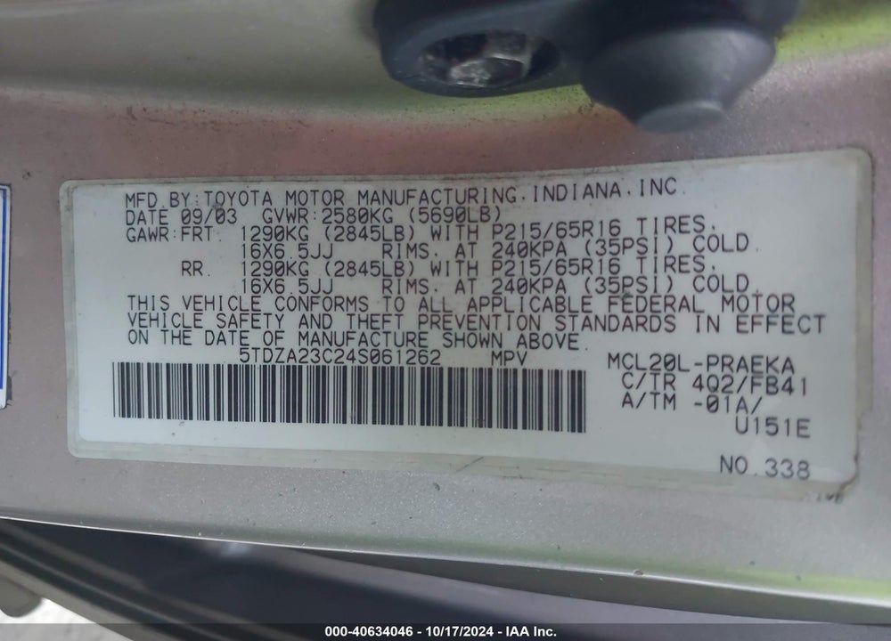 2004 TOYOTA SIENNA LE VIN: 5TDZA23C24S061262