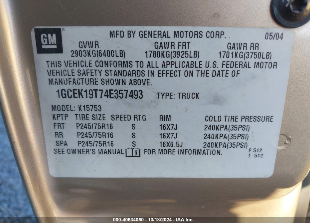 2004 CHEVROLET SILVERADO 1500 LS VIN: 1GCEK19T74E357493