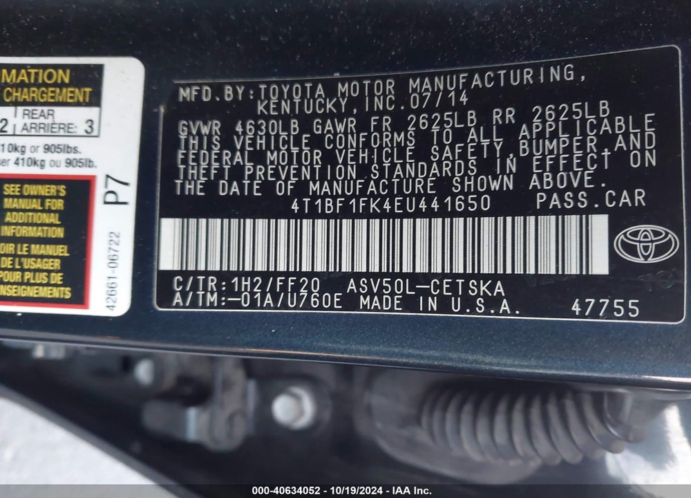 2014 TOYOTA CAMRY SE VIN: 4T1BF1FK4EU441650