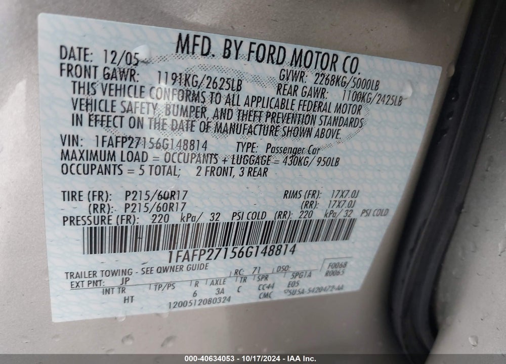 2006 FORD FIVE HUNDRED SEL VIN: 1FAFP27156G148814