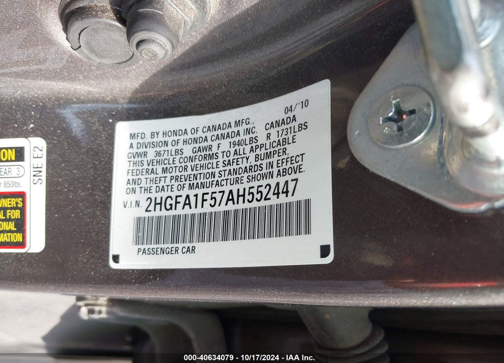 2010 HONDA CIVIC LX VIN: 2HGFA1F57AH552447