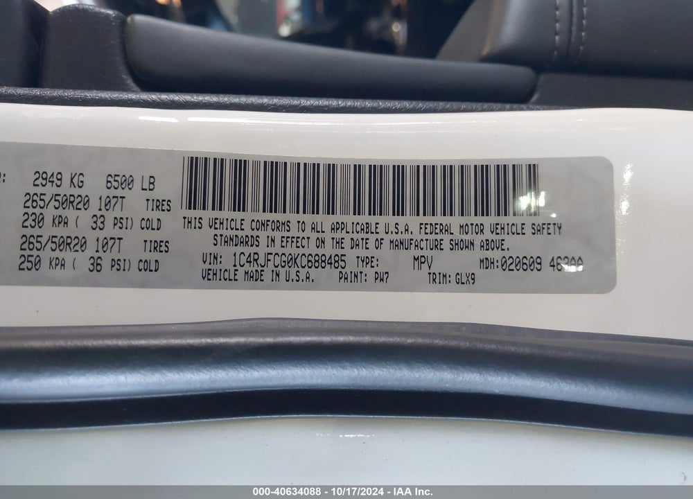 2019 JEEP GRAND CHEROKEE OVERLAND 4X4 VIN: 1C4RJFCG0KC688485