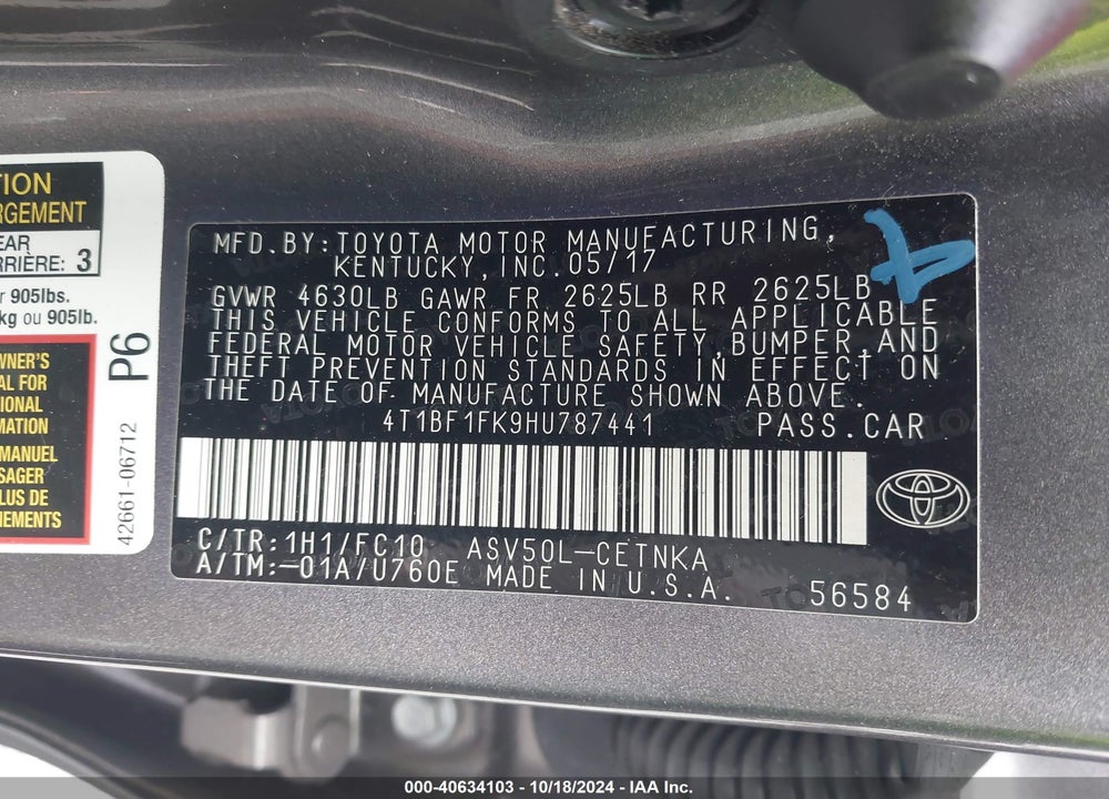 2017 TOYOTA CAMRY LE VIN: 4T1BF1FK9HU787441