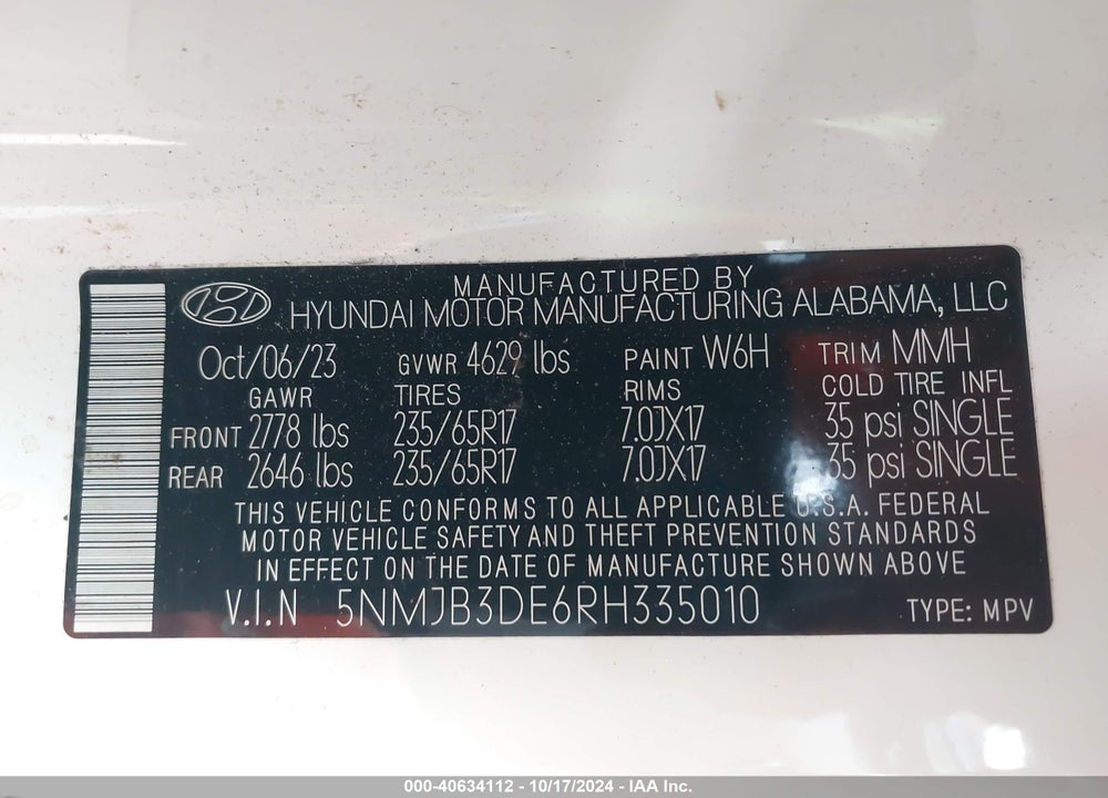 2024 HYUNDAI TUCSON SEL VIN: 5NMJB3DE6RH335010