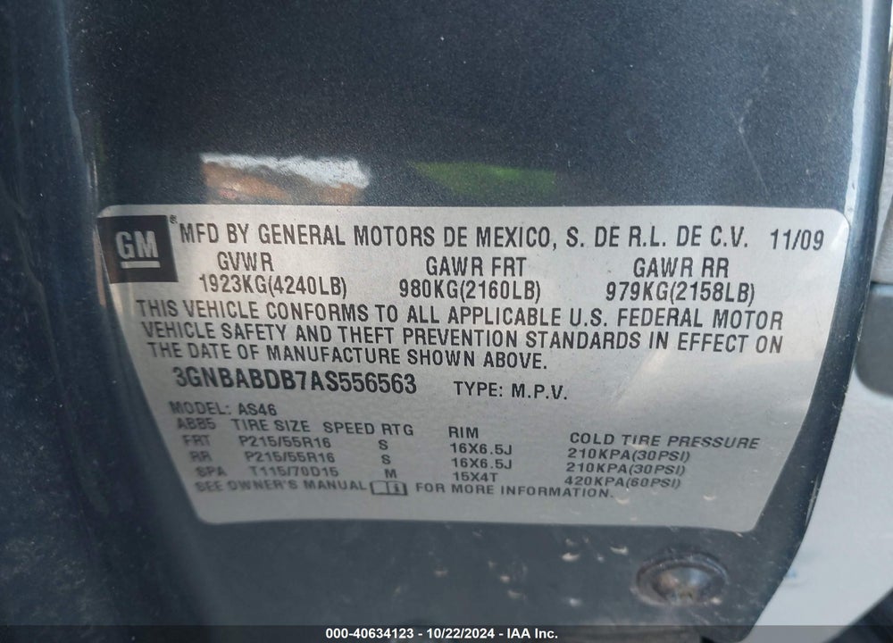2010 CHEVROLET HHR VIN: 3GNBABDB7AS556563