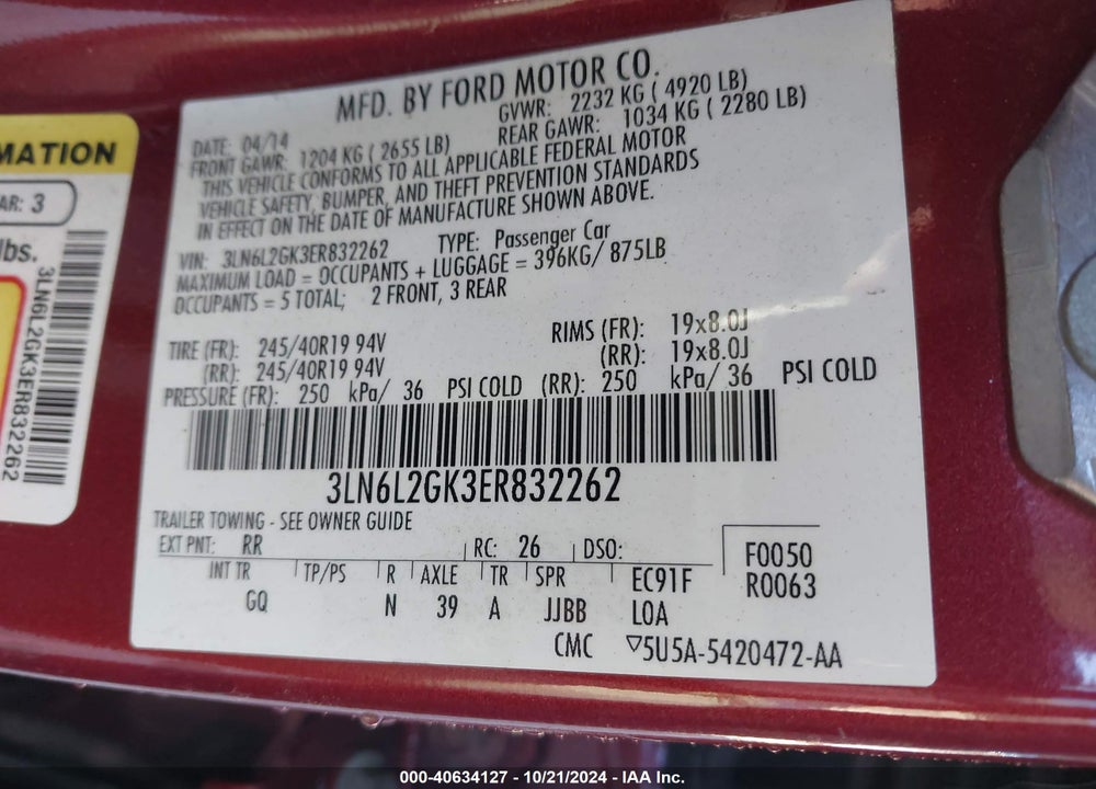 2014 LINCOLN MKZ VIN: 3LN6L2GK3ER832262