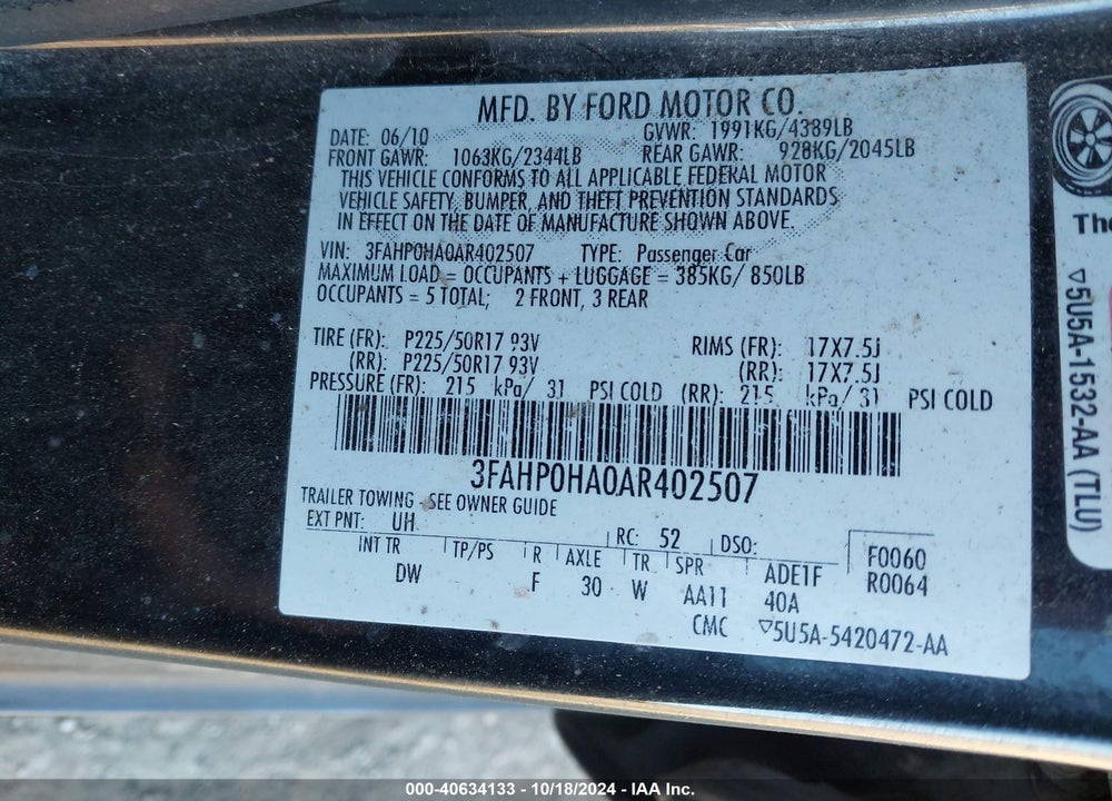 2010 FORD FUSION SE VIN: 3FAHP0HA0AR402507