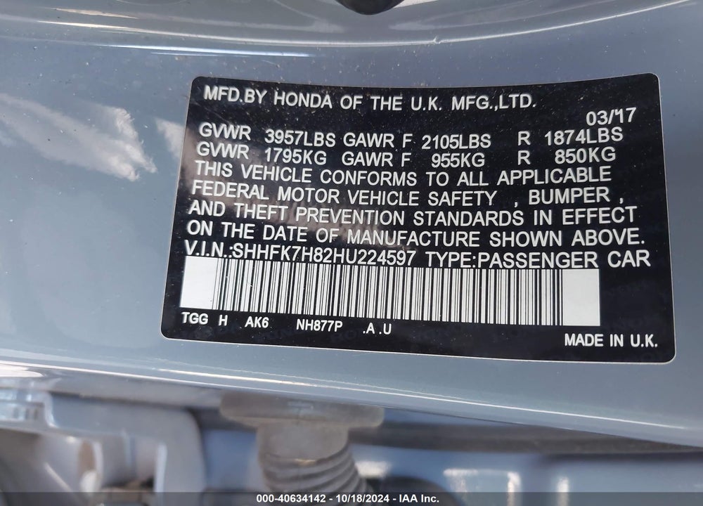 2017 HONDA CIVIC EX-L VIN: SHHFK7H82HU224597