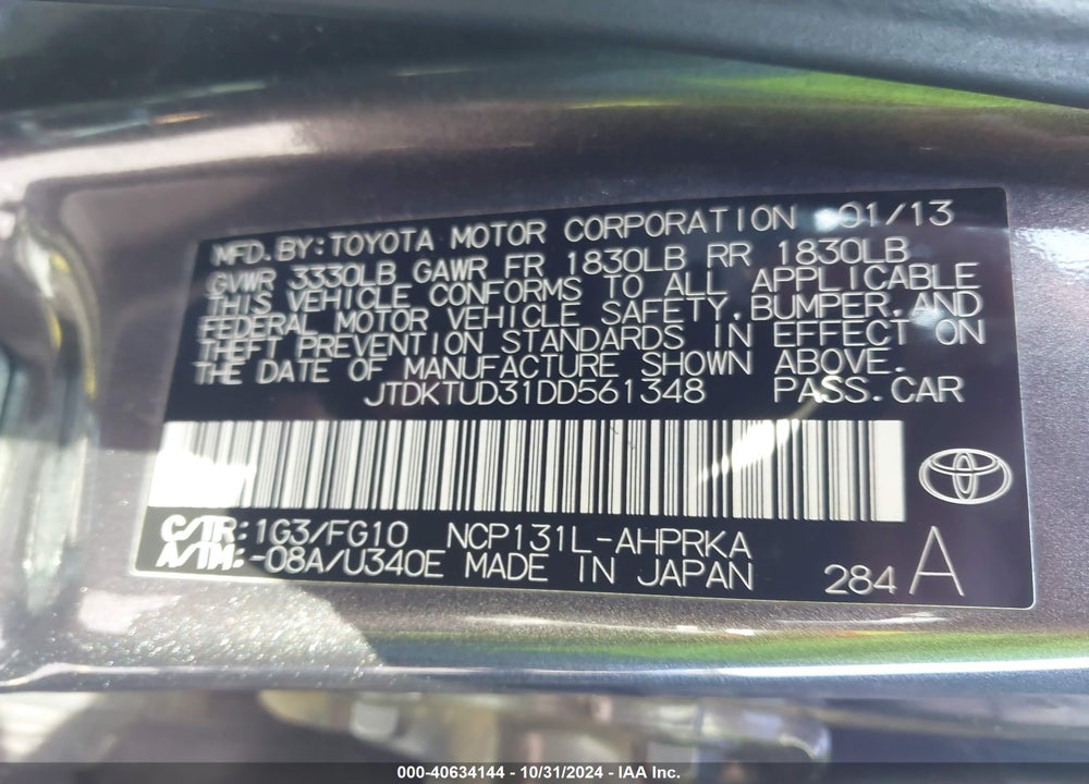 2013 TOYOTA YARIS LE VIN: JTDKTUD31DD561348