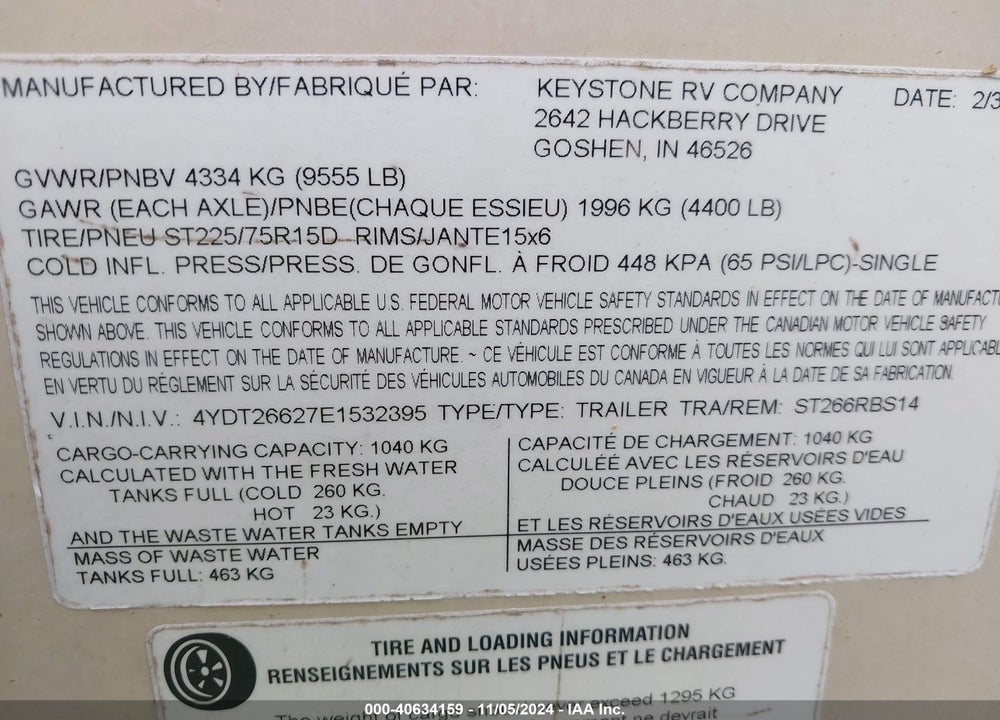 2014 KEYSTONE SPRINTER TRAVEL TRAILER VIN: 4YDT26627E1532895
